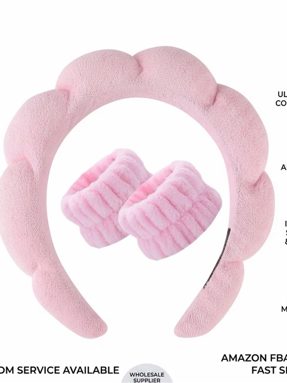 Plush Pink Headband and Matching Wristbands Set - Soft Hair Accessory